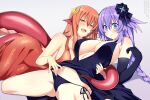  2girls black_dress black_gloves black_panties blue_eyes braid breasts crossover dress elbow_gloves gloves half-closed_eyes lamia large_breasts lindaroze long_hair looking_at_viewer medium_breasts miia_(monster_musume) monster_girl monster_musume_no_iru_nichijou multiple_girls neptune_(series) panties power_symbol purple_heart red_hair side-tie_panties smile smug symbol-shaped_pupils twin_braids underwear very_long_hair yellow_eyes yuri 