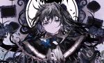  1girl animal arcaea bangs black_capelet black_flower black_hair black_rose blue_flower blue_rose bug butterfly capelet character_request commentary english_commentary floating_hair flower grey_eyes hair_between_eyes hair_flower hair_ornament hand_up highres long_hair looking_at_viewer parted_lips picture_frame rose shirt skeleton solo tsubaki_(yi) upper_body white_shirt 