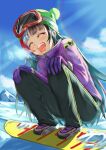  1girl contemporary fate/grand_order fate_(series) gloves goggles goggles_on_head inugami86 knit_hat laughing lens_flare long_hair multicolored_hair purple_gloves sei_shounagon_(fate) snow snowboard squatting visible_air winter_clothes 