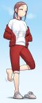  1girl absurdres barefoot brown_hair feet gym_uniform highres houkago_teibou_nisshi imizu_futoshi jacket kuroiwa_yuuki no_socks pants red_jacket red_pants scratching_leg shirt shoes simple_background single_shoe solo spread_toes standing standing_on_one_leg toes white_footwear white_shirt 