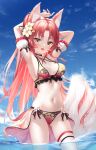 1girl :d absurdres animal_ear_fluff animal_ears armpits arms_behind_head arms_up ass_visible_through_thighs azur_lane bangs bikini black_choker blue_sky blush bow bow_bikini breasts choker cleavage cloud commission contrapposto cowboy_shot detached_sleeves floral_print flower fox_ears fox_girl fox_tail frilled_bikini frilled_sleeves frills hair_flower hair_ornament highres long_hair looking_at_viewer manjuu_(azur_lane) medium_breasts naka_(azur_lane) naka_(foxy_summer_surfer)_(azur_lane) navel official_alternate_costume open_mouth outdoors paid_reward_available parted_bangs partially_underwater_shot print_bikini red_bikini red_hair sarong short_sleeves side-tie_bikini_bottom sideboob skeb_commission skindentation sky smile solo stomach suyamori swimsuit tail teeth thigh_strap thighs upper_teeth_only very_long_hair wading water white_flower white_sleeves white_tail yellow_eyes 