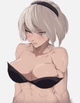  1girl abs alternate_muscle_size black_hairband blush breasts closed_mouth crab grey_background grey_eyes hairband highres large_breasts lips mole mole_under_mouth muscular muscular_female navel nier_(series) nier_automata short_hair simple_background solo toned upper_body white_hair yoracrab yorha_no._2_type_b 