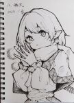  1girl arm_warmers bangs breath dated greyscale highres looking_at_viewer medium_hair mizuhashi_parsee monochrome mouryou_(chimimouryou) palms_together photo_(medium) pointy_ears sash scarf signature simple_background solo touhou traditional_media 