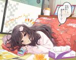  1girl bangs black_hair blue_eyes cellphone chestnut_mouth cloud_hair_ornament commentary_request computer cup cushion food fruit holding holding_phone indoors kotatsu laptop long_hair long_sleeves looking_at_viewer mandarin_orange mug niichi_(komorebi-palette) notice_lines original parted_lips phone sleeves_past_wrists solo sweater table tatami tissue_box translation_request under_kotatsu under_table very_long_hair white_sweater 
