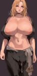  1girl absurdres areola_slip bleach blue_eyes breasts bulge cum cumdrip erection erection_under_clothes futanari highres huge_breasts japanese_clothes kimono large_areolae looking_at_viewer mamimi_(mamamimi) matsumoto_rangiku navel open_clothes open_kimono orange_hair parted_lips solo standing stomach 
