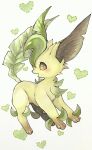 animal_focus blush brown_eyes commentary english_commentary full_body heart heart_background highres leaf leafeon looking_to_the_side mixed-language_commentary mofu_(moffuri_sippo) no_humans notched_ear open_mouth pokemon pokemon_(creature) solo standing traditional_media white_background 