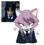  1boy 2girls addams_family animal_ears artist_name bangs black_eyes black_hair black_jacket black_necktie blaze_the_cat braid cat_ears cat_girl closed_mouth collared_jacket collared_shirt commentary cosplay english_commentary eyelashes furry furry_female grey_eyes grey_jacket grey_vest hair_ornament half-closed_eyes jacket kiioki11 long_hair long_sleeves looking_at_viewer looking_to_the_side multiple_girls necktie open_clothes open_jacket parted_bangs photo_inset pink_fur purple_hair shirt simple_background skull smile sonic_(series) striped striped_jacket twin_braids upper_body vest wall wednesday_(netflix) wednesday_addams wednesday_addams_(cosplay) white_background white_shirt wing_collar 