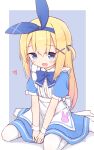  1girl :d absurdres apron ayanepuna bangs between_legs blonde_hair blue_bow blue_dress blue_eyes blue_hairband blue_ribbon blush bow commentary_request dress grey_background hair_ornament hair_ribbon hairband hairclip hand_between_legs heart highres long_hair looking_at_viewer no_shoes one_side_up original puffy_short_sleeves puffy_sleeves ribbon shadow short_sleeves sitting smile solo thighhighs two-tone_background very_long_hair wariza white_apron white_background white_thighhighs wrist_cuffs x_hair_ornament 