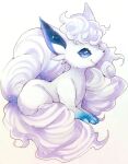  alolan_vulpix animal_focus bangs blue_eyes closed_mouth commentary english_commentary fluffy fox full_body happy mixed-language_commentary mofu_(moffuri_sippo) no_humans pokemon pokemon_(creature) short_hair simple_background sitting smile solo traditional_media white_background white_hair white_theme 