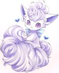  :3 alolan_vulpix alternate_eye_color animal_focus bangs blue_bow bow closed_mouth commentary english_commentary fluffy fox full_body happy heart looking_at_viewer mixed-language_commentary mofu_(moffuri_sippo) no_humans pokemon pokemon_(creature) purple_eyes short_hair simple_background sitting smile solo striped striped_bow traditional_media white_background white_hair white_theme 