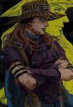  1boy b_nosk101 blue_eyes blue_lips brown_hair crossed_arms dark_background facial_hair glowing glowing_eyes gyro_zeppeli hat highres jojo_no_kimyou_na_bouken long_hair looking_ahead male_focus profile purple_shirt shirt sideways_glance smile solo steel_ball_run upper_body zoom_layer 