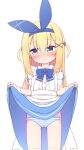  1girl apron ass_visible_through_thighs ayanepuna bangs blonde_hair blue_bow blue_dress blue_eyes blue_hairband blue_ribbon blush bow closed_mouth clothes_lift collared_dress commentary_request dress dress_lift frilled_apron frills hair_between_eyes hair_ornament hair_ribbon hairband hairclip highres lifted_by_self long_hair looking_away looking_to_the_side nose_blush original panties puffy_short_sleeves puffy_sleeves ribbon short_sleeves simple_background solo striped striped_panties sweat thighhighs two_side_up underwear very_long_hair white_apron white_background white_thighhighs x_hair_ornament 
