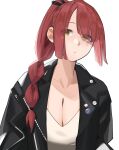  1girl absurdres bangs braid breasts english_commentary highres jacket large_breasts leather leather_jacket lewdrawings looking_to_the_side original red_hair self-upload single_braid yellow_eyes 