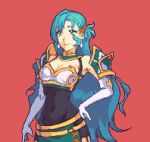  1girl aqua_hair armor bangs bare_shoulders belt bow breastplate breasts chloe_(fire_emblem) cleavage commentary covered_navel derivative_work earrings elbow_gloves fire_emblem fire_emblem_engage glaceo gloves green_eyes hair_bow hand_on_hip jewelry long_hair medium_breasts pixel_art red_background red_bow shoulder_armor simple_background solo upper_body very_long_hair white_gloves yellow_belt 
