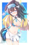  1girl :o animal_ears bangs bare_shoulders black_hair blue_archive blue_eyes blush breasts cheerleader cleavage collarbone commentary_request contrapposto dog_ears dog_girl dog_tail flying_sweatdrops goggles goggles_on_head halo hands_up heart hibiki_(blue_archive) hibiki_(cheerleader)_(blue_archive) kuriyuzu_kuryuu long_hair looking_at_viewer medium_breasts navel nose_blush parted_lips pleated_skirt pom_pom_(cheerleading) ponytail signature skirt solo spoken_blush standing tail white_skirt 