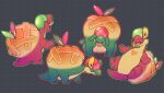  alternate_color animal_focus appletun colored_skin full_body green_skin grey_background heart highres looking_at_viewer lying no_humans on_back open_mouth pokemon pokemon_(creature) red_skin smile standing tail tongue vergolophus 