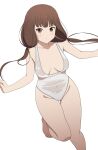 1girl :o bangs bare_arms bare_legs barefoot blush breasts brown_eyes brown_hair cleavage collarbone coro_fae covered_navel dot_mouth dot_nose downblouse feet highres iino_miko kaguya-sama_wa_kokurasetai_~tensai-tachi_no_renai_zunousen~ leotard long_hair looking_at_viewer medium_breasts midriff midriff_peek navel one-piece_swimsuit paid_reward_available pussy pussy_peek see-through simple_background small_breasts solo swimsuit thick_thighs thigh_gap thighs twintails wet wet_clothes wet_swimsuit white_background white_leotard 
