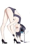  1girl ass bare_legs bent_over black_dress black_footwear black_hair blue_archive breasts butterfly_hair_ornament china_dress chinese_clothes dragon_print dress exercise hair_bun hair_ornament halo high_heels highres kisaki_(blue_archive) long_hair pelvic_curtain print_dress red_eyes sawaki_ken shoes simple_background sleeveless sleeveless_dress small_breasts solo standing thighs trembling twintails white_background 