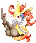  1girl animal_ear_fluff animal_ears animal_feet animal_hands animal_nose ass black_fur blue_bow blush body_fur bow braixen commentary crossed_legs english_commentary fang feet flat_chest fox_ears fox_girl fox_tail full_body fur_collar furry furry_female hair_bow heart highres legs legs_up light_blush looking_at_viewer mixed-language_commentary mofu_(moffuri_sippo) multicolored_fur open_mouth pawpads pokemon pokemon_(creature) red_eyes sideways_mouth simple_background sitting skin_fang solo stick striped striped_bow tail thighs traditional_media white_background white_fur yellow_fur 