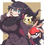  1girl :d @_@ ahoge alternate_breast_size bangs black_hair border breasts brown_background commentary_request covered_navel curly_hair dress fang green_eyes hair_between_eyes hairband hand_up hex_maniac_(pokemon) highres holding holding_poke_ball long_hair long_sleeves looking_at_viewer mimikyu open_mouth outstretched_arm poke_ball poke_ball_(basic) pokemon pokemon_(creature) pokemon_(game) pokemon_on_arm pokemon_xy skin_fang smile sweater white_border yokoyoko_(nazonazo) 