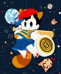  1boy animal_ears backpack bag baseball_bat baseball_cap black_hair child constellation copyright_name denim denim_shorts doseisan franklin_badge hat holding holding_baseball_bat male_child mother_(game) mother_2 navel ness_(mother_2) nonana_(mikudrop) pixel_art planet raccoon_ears raccoon_tail red_footwear red_headwear shirt short_hair shorts smile space star_(sky) star_(symbol) striped striped_shirt tail yo-yo 