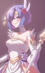  1girl absurdres bangs bare_shoulders blue_eyes blue_flower blue_hair blue_pupils breasts catria_(bridal)_(fire_emblem) catria_(fire_emblem) cleavage commentary detached_collar dress elbow_gloves english_commentary eyelashes eyes_visible_through_hair feathers fire_emblem fire_emblem:_mystery_of_the_emblem fire_emblem_heroes flower gloves gold_headband green_flower hair_between_eyes hair_flower hair_intakes hair_ornament headband highres medium_breasts official_alternate_costume parted_lips purple_background red_flower sher_(imnotsher) short_hair smile strapless strapless_dress wedding_dress white_dress white_feathers white_gloves 