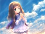  :o bangs blue_eyes blunt_bangs brown_hair chain-link_fence character_request child cloud cowboy_shot day dutch_angle fence frills goto_p hands_together highres jacket_on_shoulders jewelry long_hair narcissu necklace pajamas praying sky solo tareme wind 