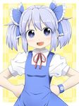  1girl :d alternate_hairstyle blue_eyes blue_hair blush cirno face hands_on_hips open_mouth simple_background smile solo touhou twintails uta_(kuroneko) wristband 