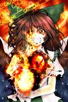  angry bird black_hair bow brown_hair caution crow eyes fire green_bow hair_bow hands highres long_hair radiation_symbol red_eyes reiuji_utsuho shigurio solo symbol-shaped_pupils teeth touhou wings 