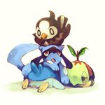  :o beak bird full_body gen_4_pokemon green_eyes looking_up lying no_humans on_stomach open_mouth piplup pokemon pokemon_(creature) red_eyes riolu shell_retraction simple_background starly turtwig white_background yellow_sclera yodokawa_(yukko) 