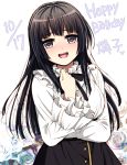  1girl :d akasata bang_dream! bangs black_hair black_neckwear black_skirt blush character_name clenched_hand dated floral_background flower frilled_shirt_collar frilled_sleeves frills hand_on_own_chest happy_birthday long_hair looking_at_viewer neck_ribbon open_mouth purple_eyes ribbon rose shirokane_rinko shirt skirt smile solo upper_body white_shirt 