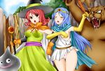  arm_holding bad_id bad_pixiv_id bear blue_hair breasts brown_eyes cape circlet cleavage closed_eyes dragon_quest dragon_quest_iii dress elbow_gloves gloves hat long_hair mage_(dq3) medium_breasts metal_slime monster multiple_girls open_mouth panties pink_panties red_hair sage_(dq3) short_hair slime_(dragon_quest) staff standing thigh_gap torn_clothes underwear witch_hat yoshimo you_gonna_get_raped 