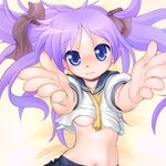  between_breasts blue_eyes breasts collarbone foreshortening from_above hair_ribbon hands hiiragi_kagami incoming_hug lips long_hair looking_at_viewer lucky_star midriff navel no_bra outstretched_arms outstretched_hand pleated_skirt purple_hair reaching ribbon ryouou_school_uniform school_uniform serafuku shirt_lift skirt small_breasts smile solo takeda_yukimura tsurime twintails underboob yellow_neckwear 