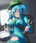  1girl bad_id bad_pixiv_id bolt breast_grab breast_lift breasts breasts_apart deep_skin grabbing hair_bobbles hair_ornament hat kawashiro_nitori key large_breasts solo_focus space_jin surprised surprised_arms touhou two_side_up wrench 