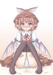  absurdres animal_ears black_legwear blush brown_hair hat hat_removed headwear_removed highres marujin mystia_lorelei panties pantyshot pantyshot_(sitting) purple_eyes short_hair sitting solo thighhighs touhou underwear white_panties wings 