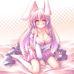  animal_ears bare_shoulders blush bra breasts bunny_ears highres kibushi kneehighs kneeling large_breasts lingerie long_hair open_clothes open_shirt purple_hair red_eyes reisen_udongein_inaba shirt socks solo strap_slip touhou underwear white_legwear 