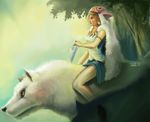  animal artist_request bare_arms brown_hair cape from_side mononoke_hime pointy_ears profile riding san short_hair solo wolf 