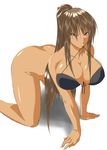  all_fours bad_id bad_pixiv_id bad_proportions blush bottomless breasts brown_eyes brown_hair cleavage copyright_request dark_skin ksaiki large_breasts mouth_hold solo 