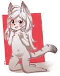  2019 anthro auvere blush cub digital_media_(artwork) felid feline female fubuki_reikon fur hair hi_res kneeling_down looking_at_viewer lynx mammal nude open_mouth pussy simple_background solo tongue young 