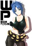  blue_hair breasts covered_nipples earrings jewelry large_breasts leona_heidern midriff pants ponytail shirt_lift solo st.germain-sal tank_top the_king_of_fighters underboob 