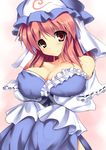  bare_shoulders breast_lift breast_squeeze breasts cleavage hat japanese_clothes large_breasts light_smile looking_at_viewer off_shoulder pink_hair red_eyes ryokushiki_(midori-ya) saigyouji_yuyuko short_hair shy solo touhou v_arms 