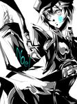  ame_erika bad_id bad_pixiv_id banned_artist bare_shoulders blazblue gloves greyscale hat miniskirt monochrome noel_vermillion short_hair simple_background skirt solo spot_color 