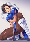  amei_sumeru boots breasts bun_cover cameltoe china_dress chinese_clothes chun-li covered_nipples double_bun dress earrings highres jewelry large_breasts pantyhose pelvic_curtain sash short_hair solo street_fighter 