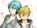  blush grab grabbing hatsune_mikuo highres kagamine_len male_focus multiple_boys vocaloid white_background yaoi 