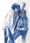  against_wall anubituf arm_up bangs blue_eyes clenched_hand closed_mouth collared_shirt dress_shirt flipped_hair frown guragief hair_over_one_eye hands_in_pockets jacket leaning_back looking_at_another male_focus multiple_boys nishida_asako open_clothes open_shirt pants shade shirt simoun simple_background sleeves_rolled_up standing wall_slam white_background white_shirt 