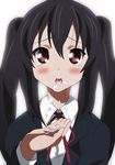  bad_hands bad_id bad_pixiv_id black_hair blush brown_eyes cupping_hand k-on! long_hair nakano_azusa neck_ribbon red_ribbon ribbon school_uniform sexually_suggestive solo twintails yamasaki_wataru yogurt 