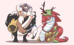  antlers arrow_(symbol) bell boitata commentary_request crescent crescent_hat_ornament demon evil_snake_lord full_body hat_ornament holding holding_jar jar jingle_bell looking_at_another mian_guan monster moss no_humans ofuda paintbrush pi_(pyaaaro) ragnarok_online snake standing white_snake yin_yang 