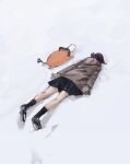  1girl 1other black_footwear black_skirt black_sweater brown_hoodie chainsaw chainsaw_man deyo_(nicijyou) hair_bun handle highres hood hoodie lying on_stomach pochita_(chainsaw_man) pull_cord purple_hair reze_(chainsaw_man) short_hair single_hair_bun skirt snow sweater 