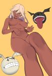  1girl abs absurdres blonde_hair breasts completely_nude dark-skinned_female dark_skin feet_out_of_frame guilty_gear hair_between_eyes highres large_breasts long_hair looking_at_viewer lucifero_(guilty_gear) nipples nude orange_background orange_eyes panapana_(pixiv_12562150) ramlethal_valentine simple_background teeth toned tongue tongue_out 