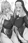  2girls absurdres bangs blue_archive blush bow braid breasts cleavage closed_eyes covered_navel covered_nipples greyscale habit halo hanako_(blue_archive) highleg highleg_leotard highres hotate-chan huge_breasts justina_follower_(blue_archive) large_breasts leotard long_hair looking_at_viewer monochrome multiple_girls nun one-piece_swimsuit open_mouth sakurako_(blue_archive) side_braid simple_background smile swimsuit thighhighs translation_request very_long_hair 